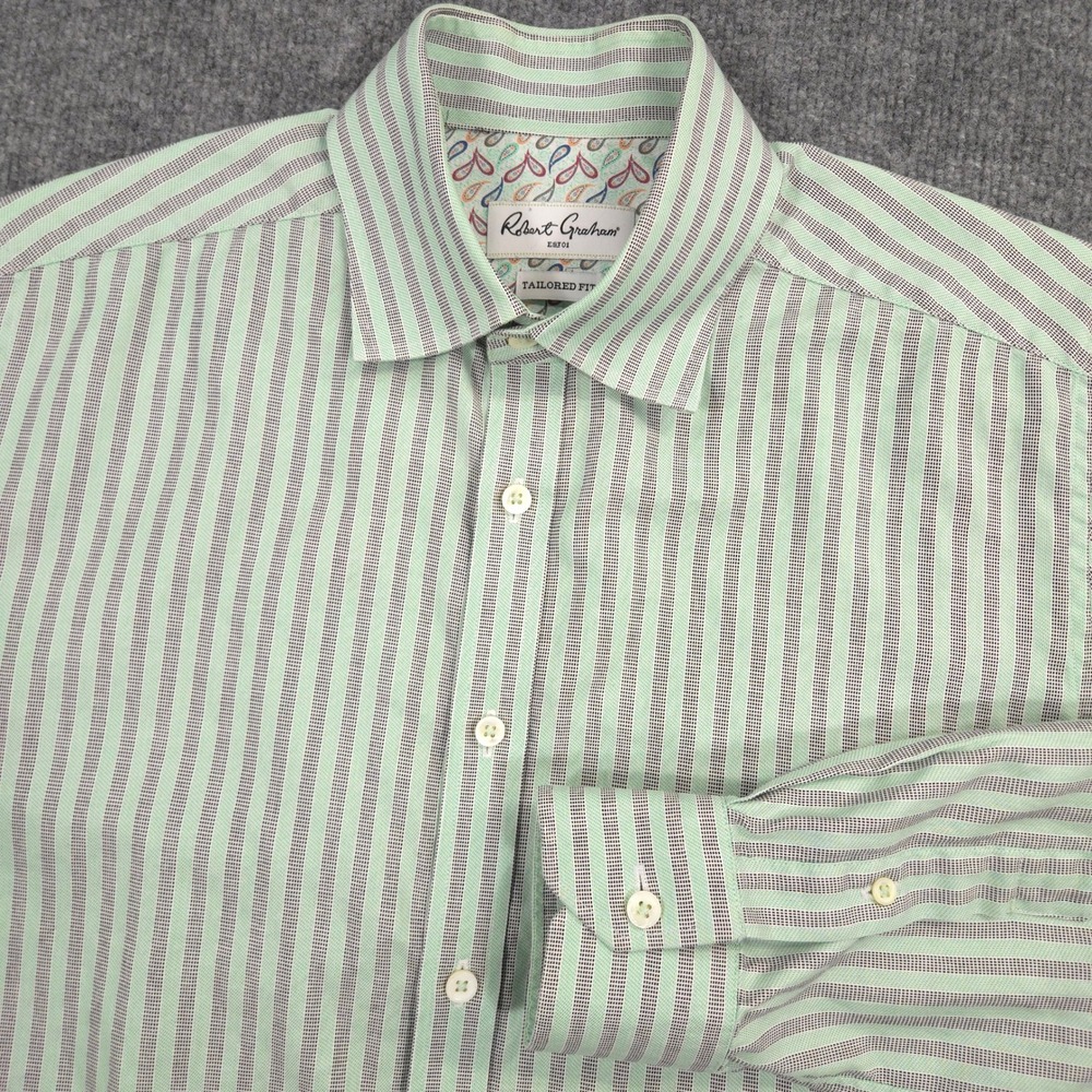 Robert Graham Shirt Mens 39 15.5 Green Black Striped Long Sleeve Business Casual